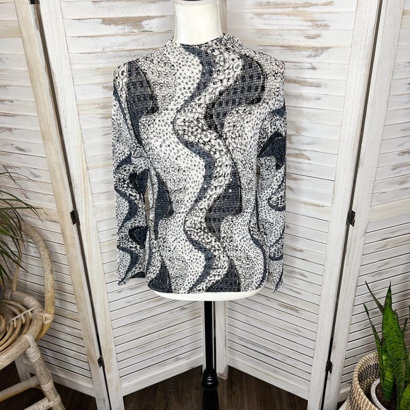 ALBERTO MAKALI Women's Crinkle Sequin Leopard Animal Print Top Blous Black White - Picture 14 of 15